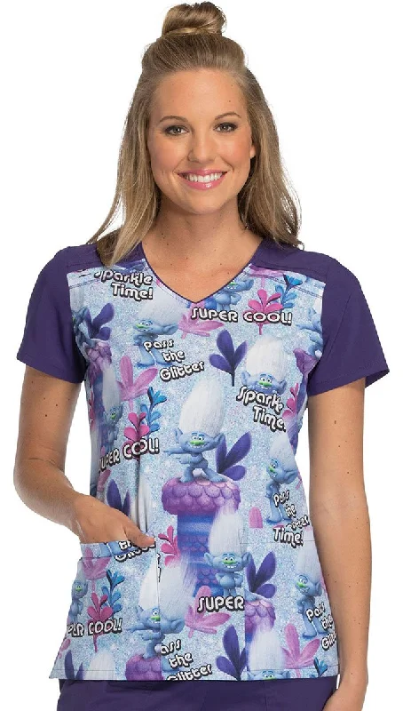 Tooniforms by Cherokee Women's V-Neck Trolls Print Scrub Top Small Print