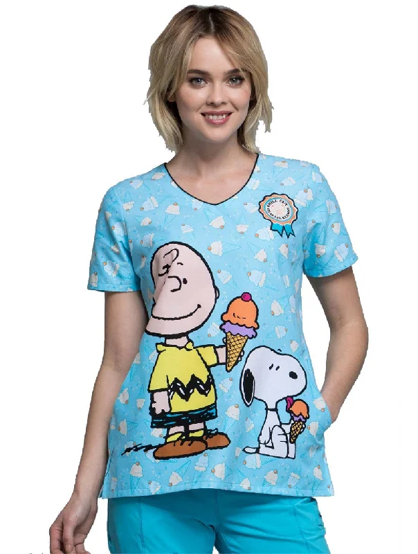 Cherokee Tooniforms Women's V-Neck Charlie Brown Print Scrub Top Small Print