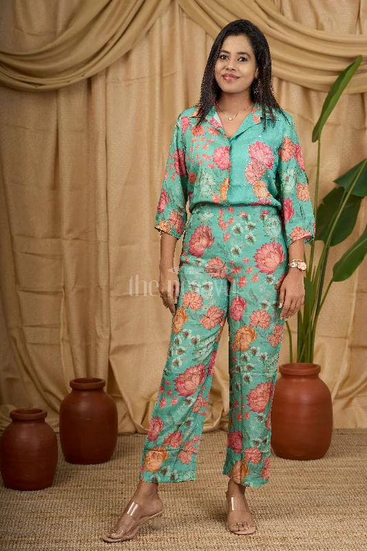 Women's Pure Muslin Silk Co-Ord Set with Floral Embroidery in Turquoise for Special Occasions