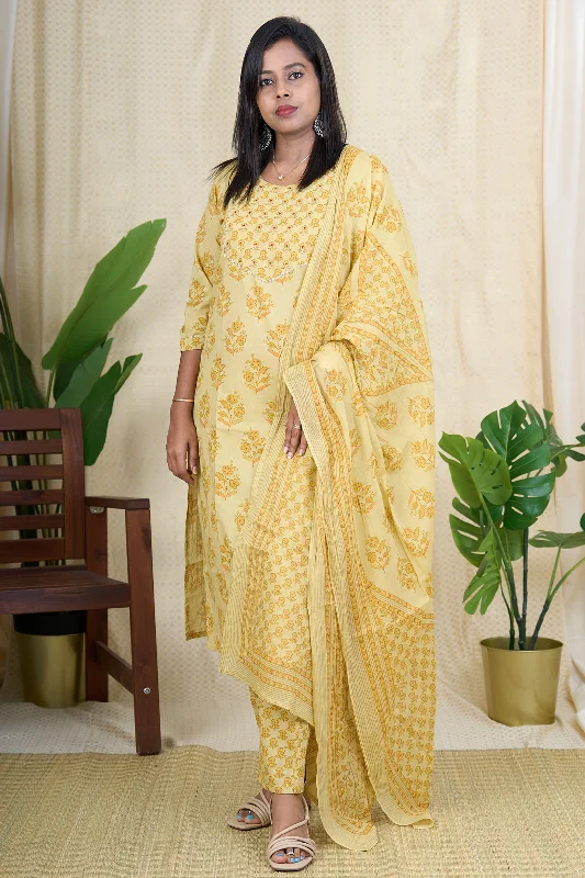 Yellow Hand Block Printed Cotton Kurta Set with Mul Cotton Dupatta