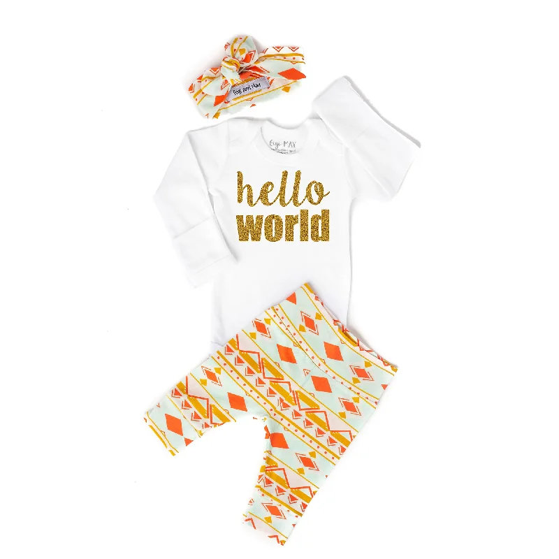 Peach and Mint Aztec Hello World Newborn Outfit