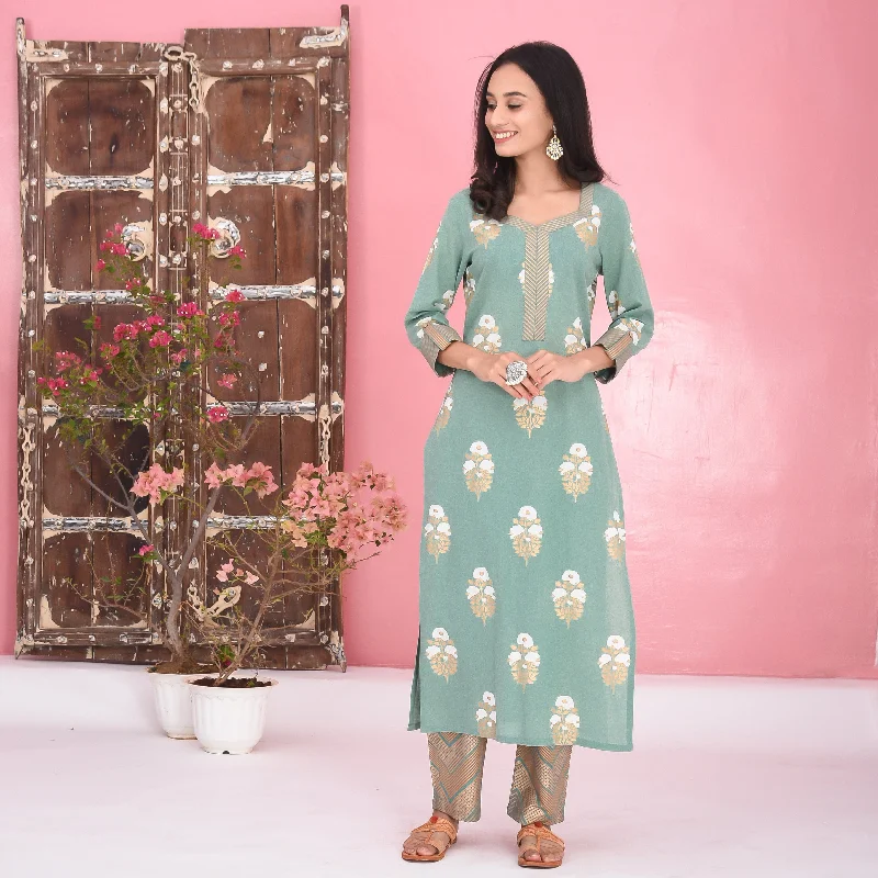 Bunaai Stripes Floral Cotton Kurta Set