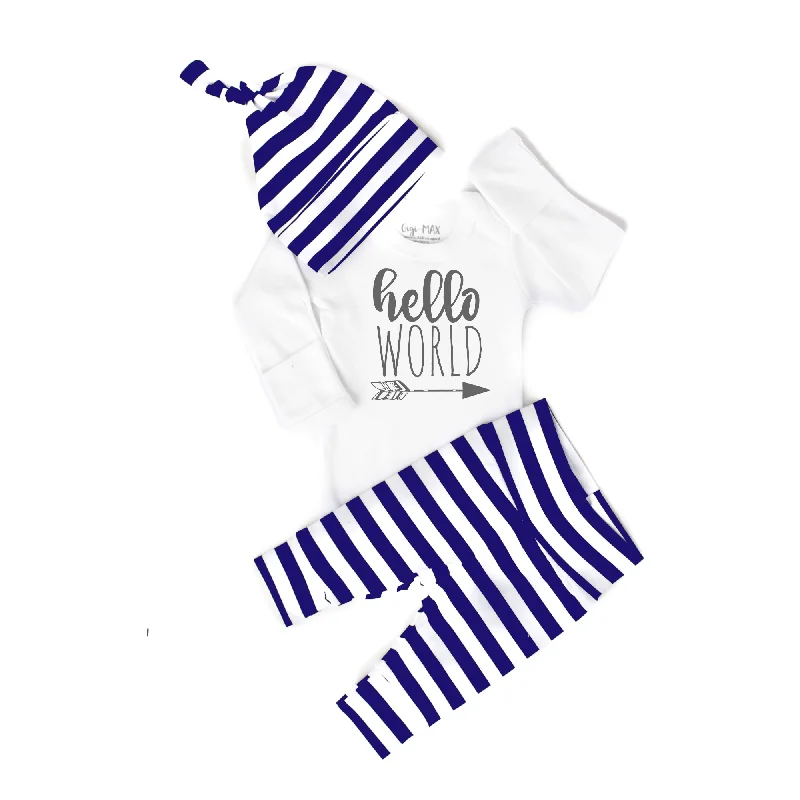 Navy Striped Pants Hello World Newborn Outfit