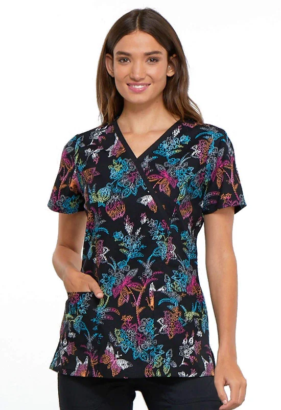 Cherokee Prints Women Scrubs Top Mock Wrap CK620, S, Falling Rainbow