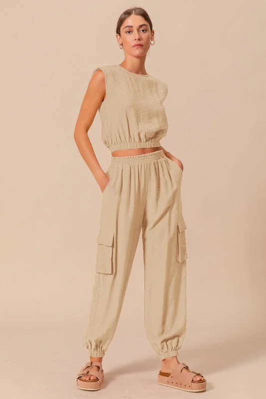 Shoulder Pad Crop Top and Cargo Jogger Set