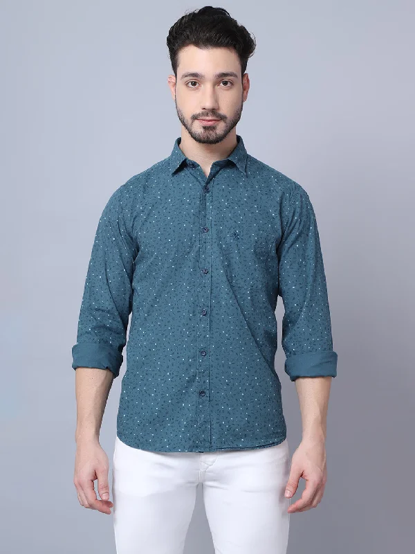 Men's Teal Blue Casual Floral Print Full Sleeve Shirt