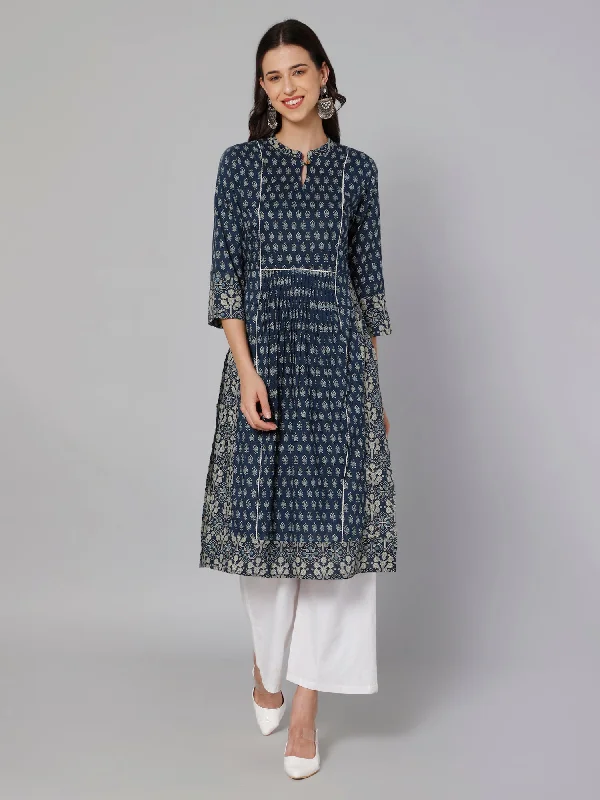 Women's Casual Band Collar Blueprint Printed Knee length Kurti