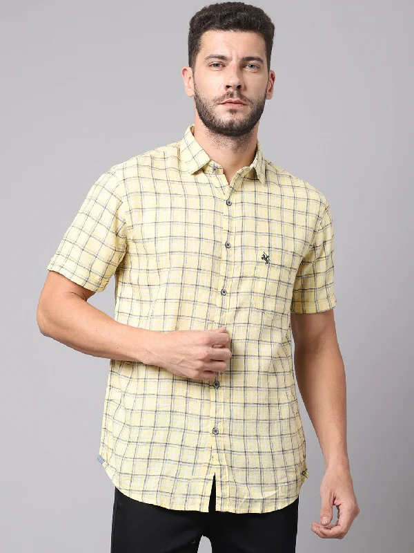 Cotton Yellow Checkered Half Sleeve Regular Fit Casual Shirt for Men with Pocket