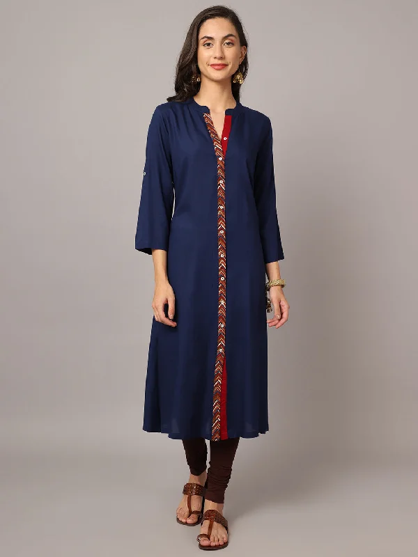 Women's  Band Collar Navy Blue Solid & Printed Calf length Kurti