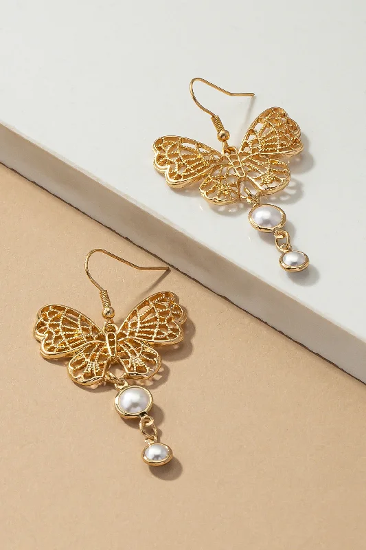 Filigree Butterfly Pearl; Drop Earrings