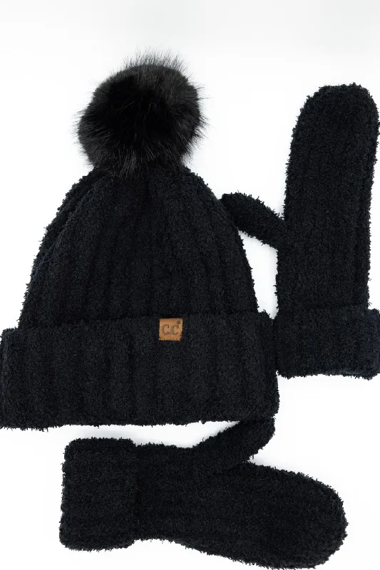 C.C. Cozy Beanie and Mittens Set for Women in Black | SEE0111-BLK