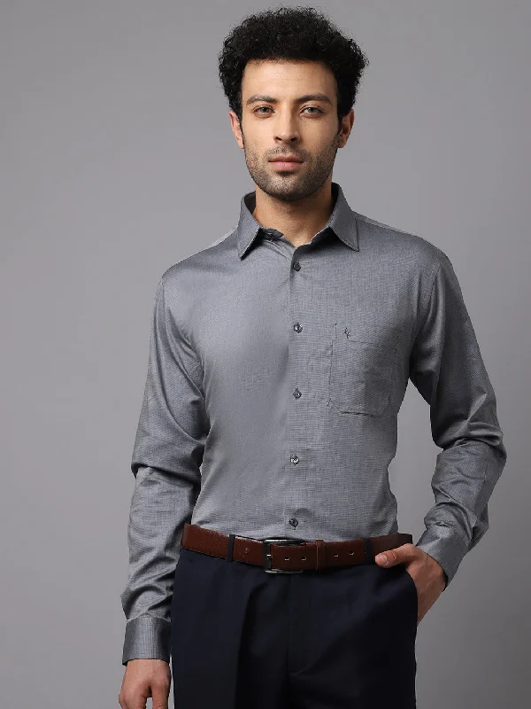 Men's Dark Grey Formal Fil a Fil Plain Full Sleeve Shirt