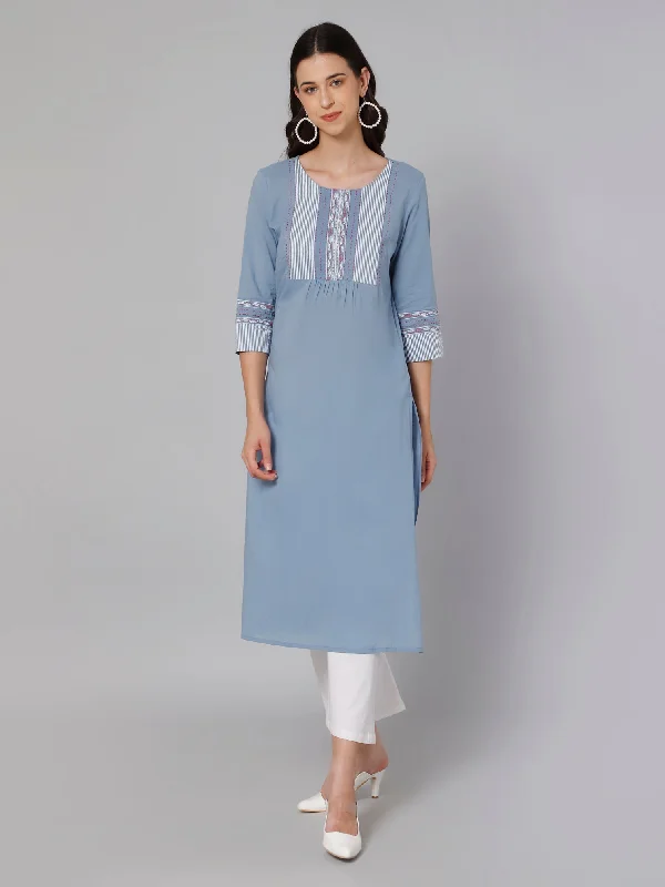 Women's Casual Round neck Blueprint Embroidered Knee length Kurti