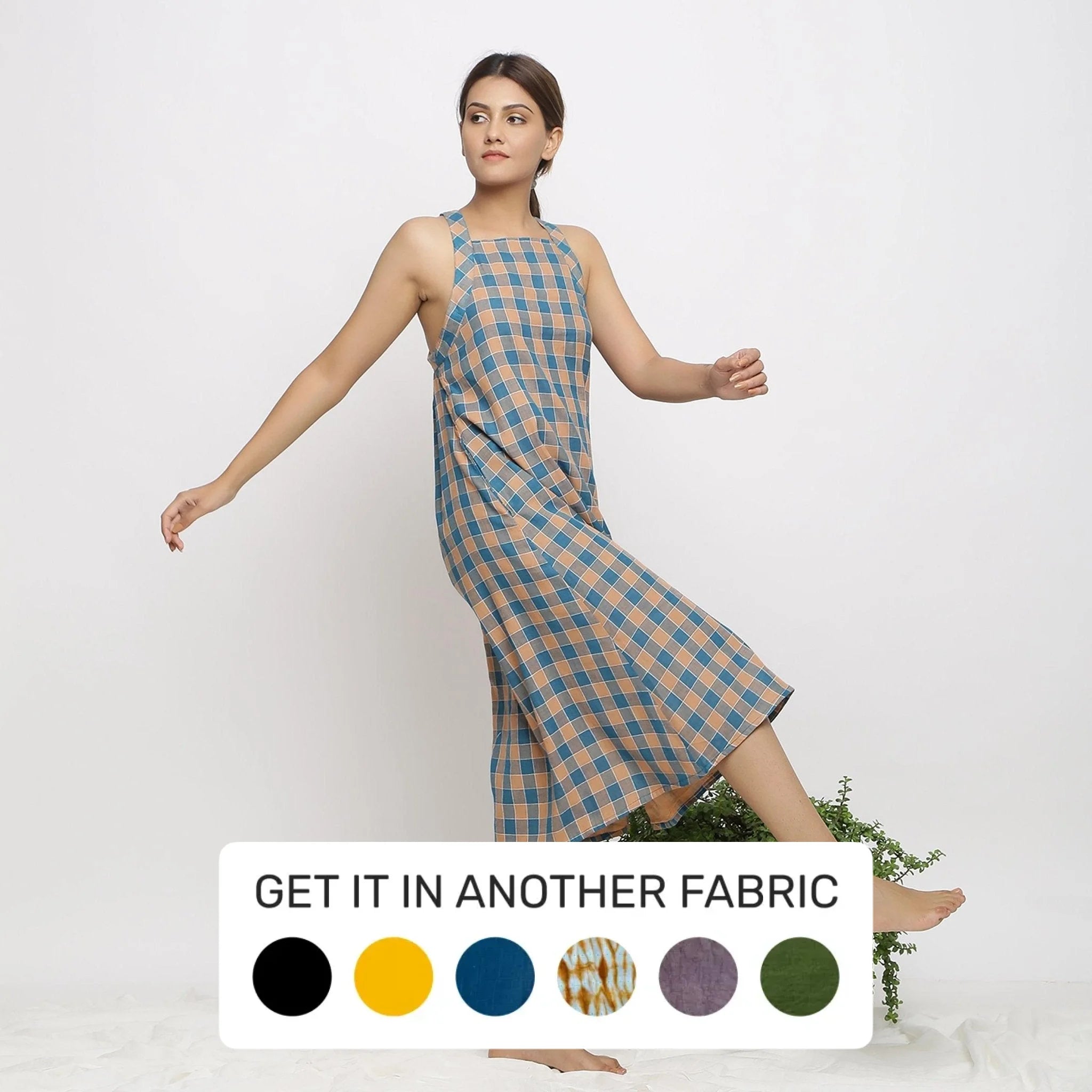 Bottle Green Checks Cotton Muslin Square Neck Midi Dress