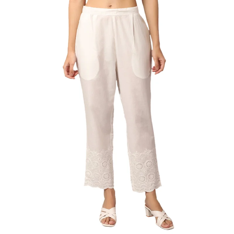 Women's Casual Regular Fit Offwhite Pleated Front Mid rise Ethnic Pant