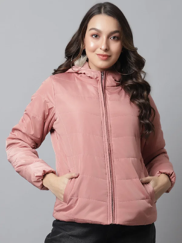 Women's Casual  Pink Quilted Hood with Faux Fur trim Jacket