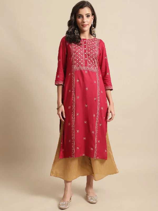 Women's Casual Round Neck Red Printed Calf Length Kurti