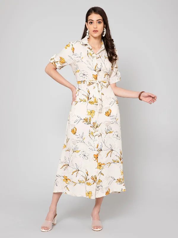 Women's Casual Shirt Collar Yellow Floral Print Shirt Dress