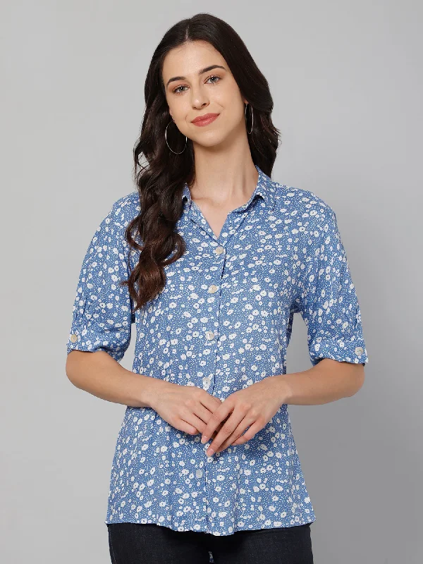 Women's Casual  Blue Floral Print Spread Collar Top