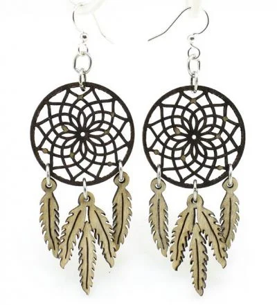 Wooden Dreamcatcher Feather Earrings