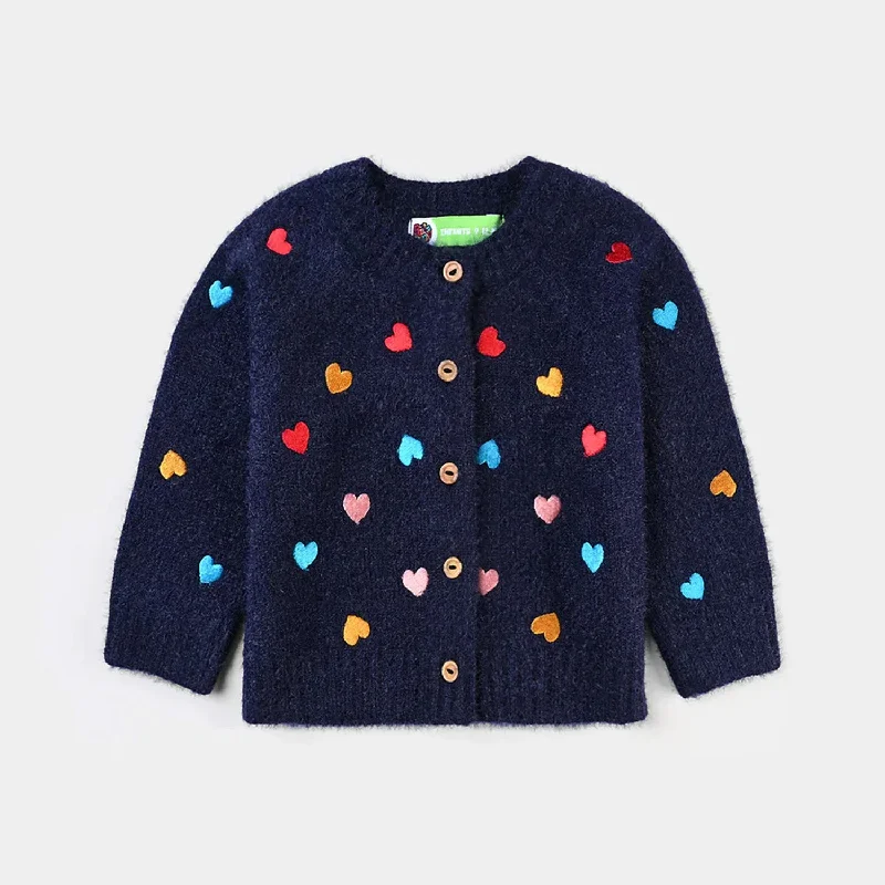 Infant Girls Acrylic-Crystal Feather Sweater Love Yourself-NAVY