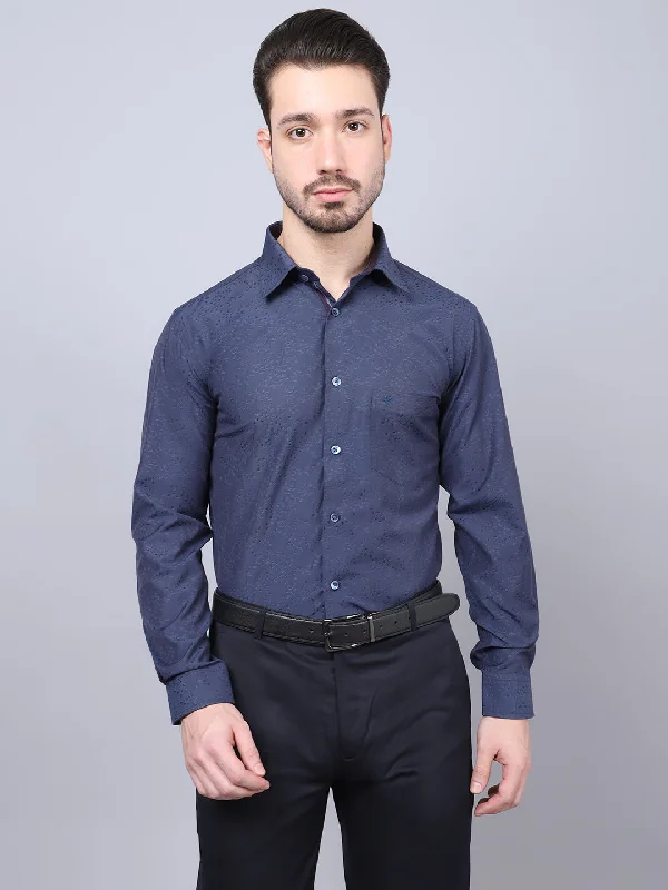 Cotton Blend Self Design Navy Blue Full Sleeve Regular Fit Formal Shirt for Men with Pocket