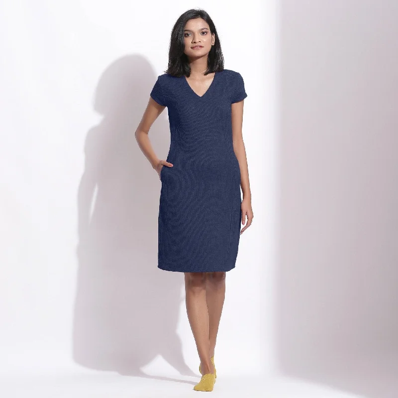 Navy Blue Warm Cotton Waffle Knee Length Paneled Dress