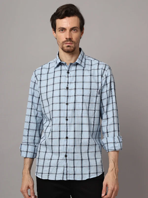 Men's Sky Blue Casual Medium Checks Full Sleeve Shirt