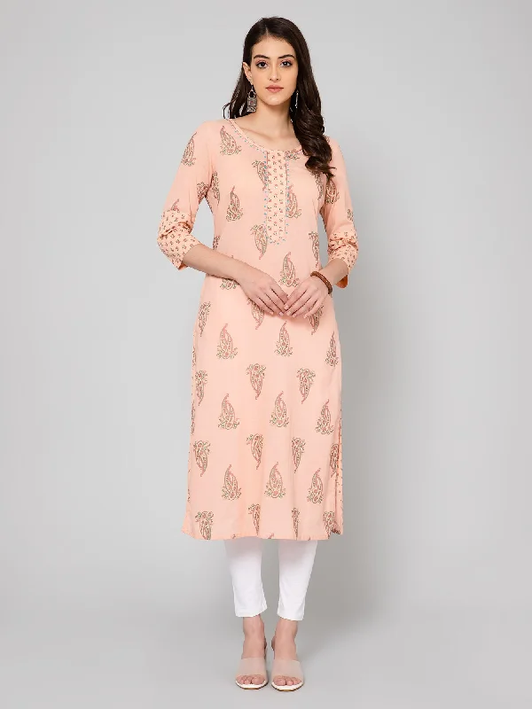 Women's Casual Round Neck Peach Printed Calf Length Kurti