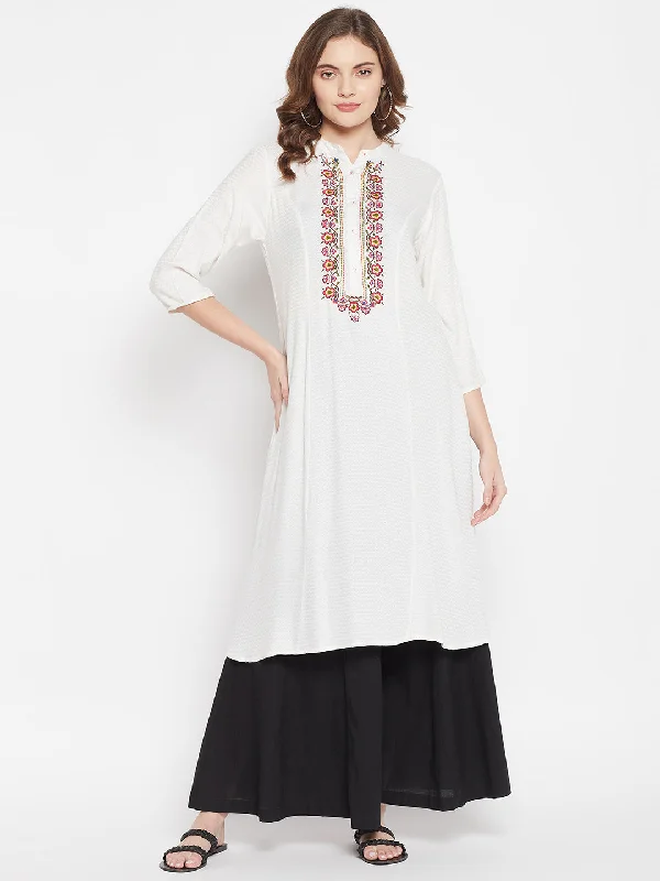 Women's  Band Collar Cream Dobby & Embroidered Calf length Kurti