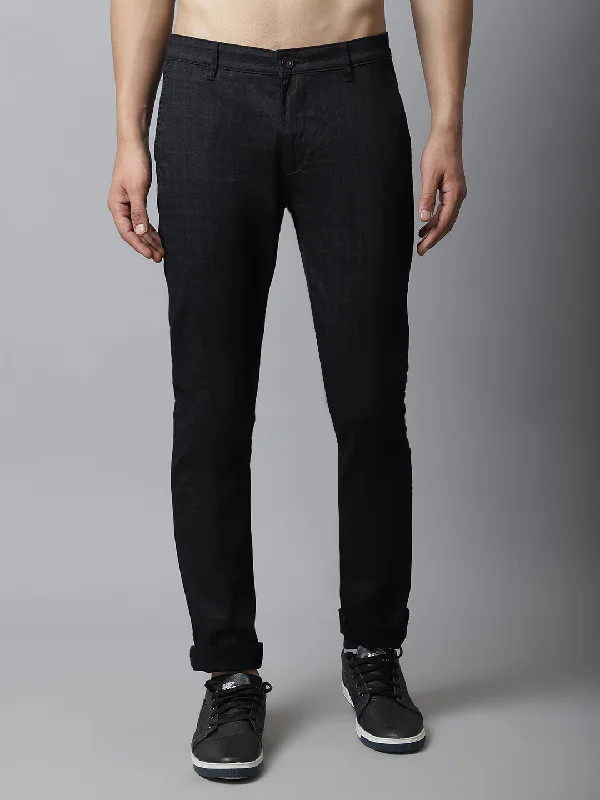 Men's Casual Flat front Black Checks Trousers