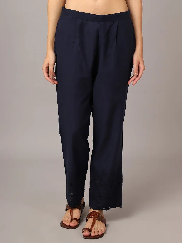 Women's Casual Regular Fit Navy Blue Pleated Front Mid rise Ethnic Pant