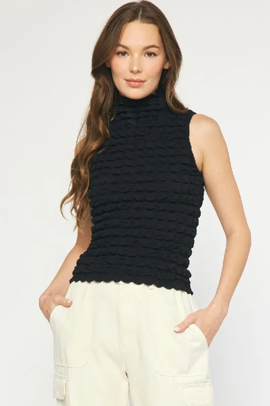 Textured sleeveless turtleneck top