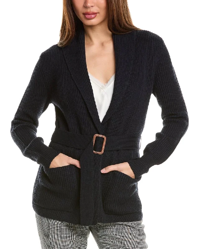 Bruno Magli Ribbed Belted Shawl Wool Cardigan