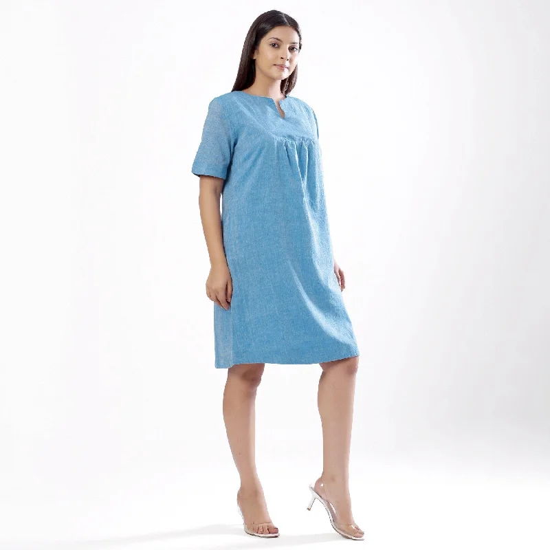 Sky Blue Handspun Cotton Knee Length Yoked Dress