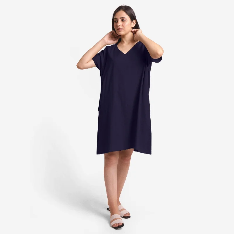 Navy Blue Cotton Flax V-Neck Short Shift Tunic