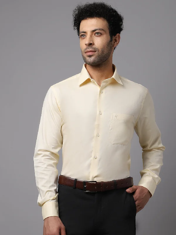 Men's Light Yellow Formal Fil a Fil Plain Full Sleeve Shirt