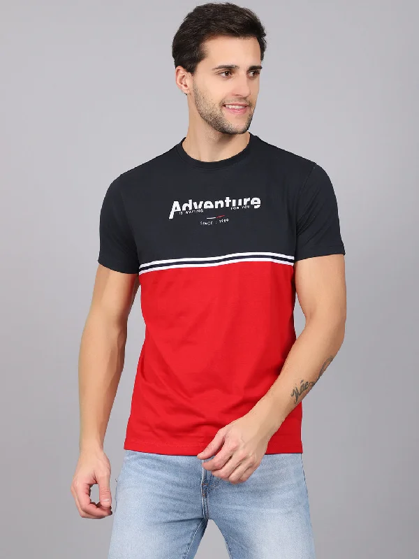 Men's Red Color block Round neck Half Sleeve T-Shirt with Print