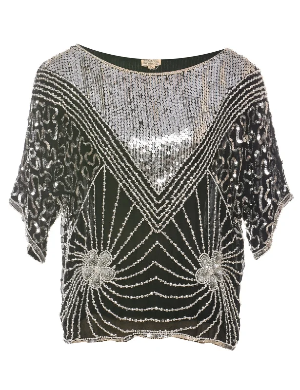 Sequined & Beaded Silk Party Top - L