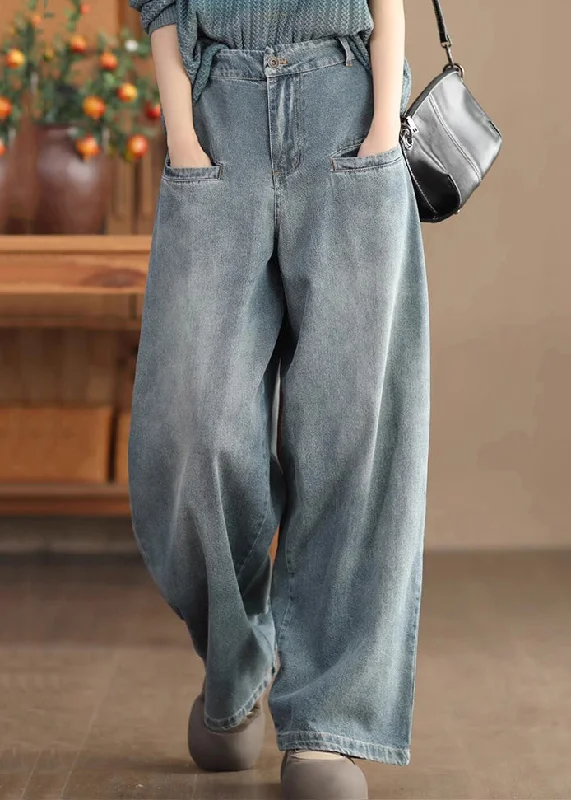 Casual Blue Pockets High Waist Denim Wide Leg Pants Spring