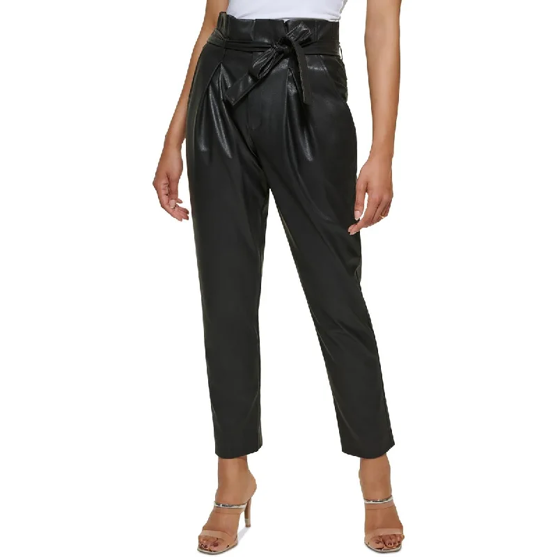 DKNY Womens Faux-Leather High-Rise Ankle Pants