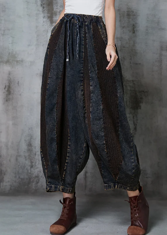 French Navy Oversized Patchwork Denim Pants Spring