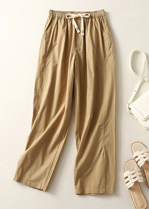 Loose Khaki Pockets Drawstring Cotton Crop Pants Summer