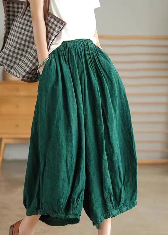 Plus Size Green Pockets Linen Crop Pants Summer