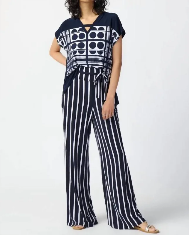 Striped Silky Knit Wide-Leg Pants In Midnight Blue/vanilla