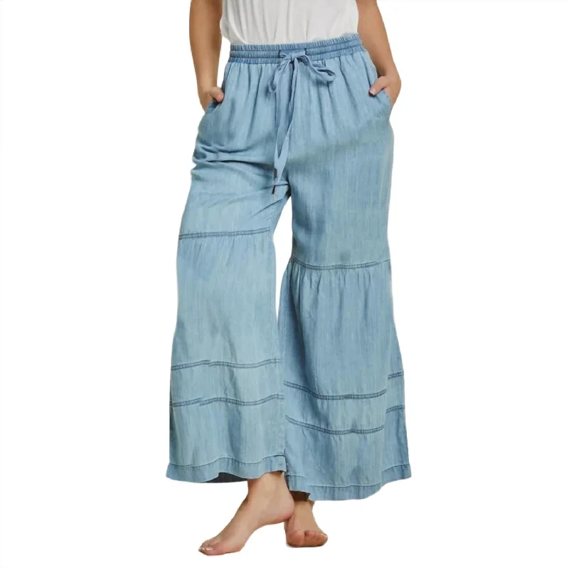 Tiered Wide Leg Pants In Washed Denim